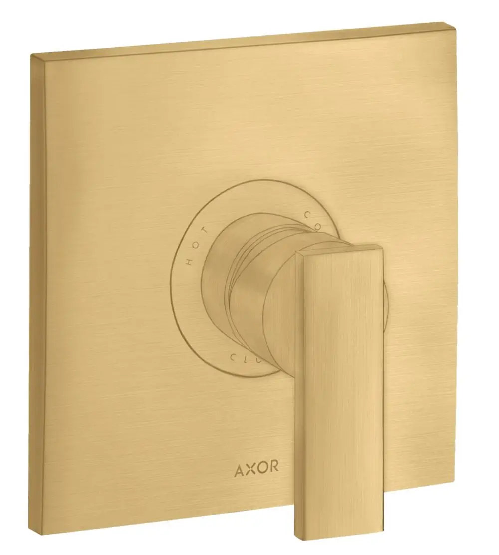Unterputz-Brausemischer mit Hebelgriff in Brushed Gold Optic, Hersteller AXOR. Klar gestaltete Oberfläche mit Temperaturmarkierungen für Warm- und Kaltwasser.